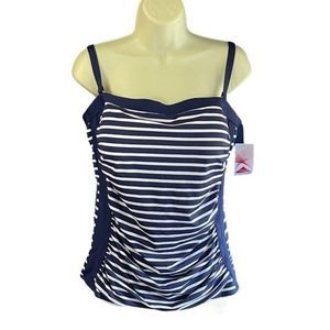 Lands' End Navy and White Nautical Tankini Swimsuit Top Pleated Sides, sz 14